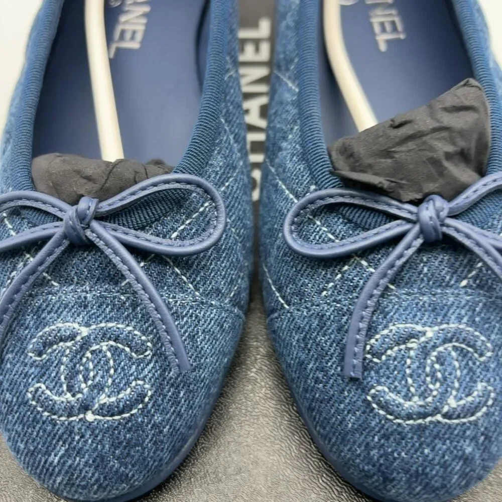 CHANEL Washed Denim Blue Quilted Ballet Flat